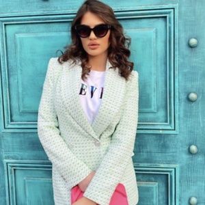 Zara Ecru/Green Textured Plaid Blazer & Pleated Skirt Suit